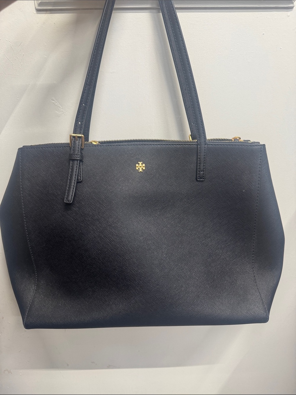 Tory Burch Black Leather Double-Handle Tote with Gold Hardware